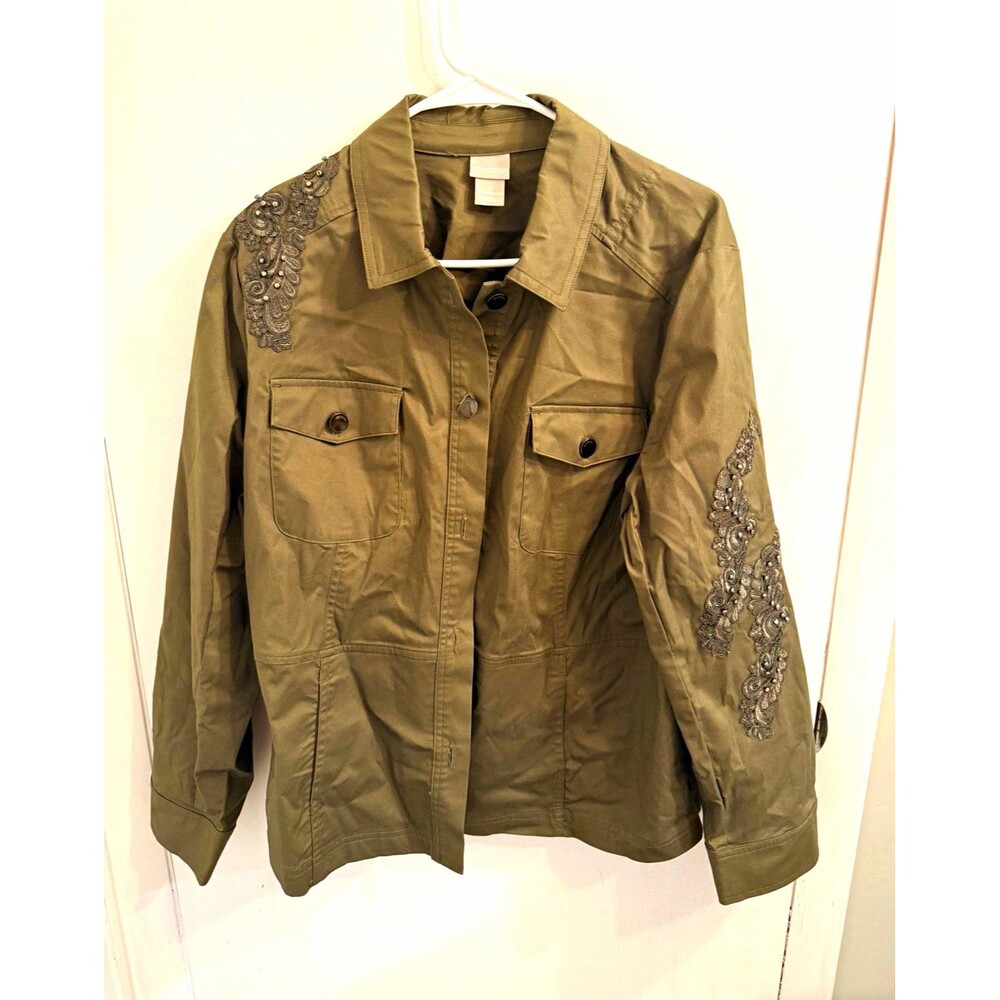 Chico’s Olive Lace Trim Button Front Jacket Collared Pockets Women’s Size 16/18